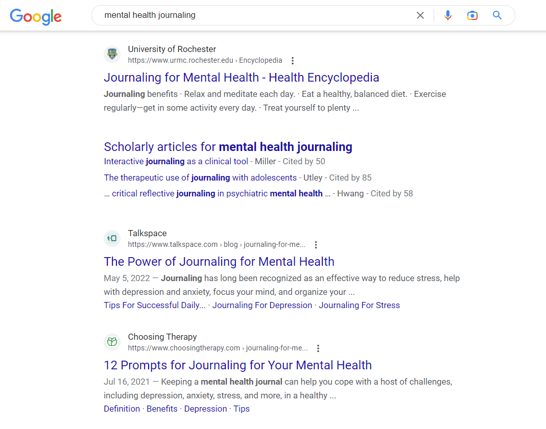 Encyclopedia and scholarly article results for mental health journaling. 